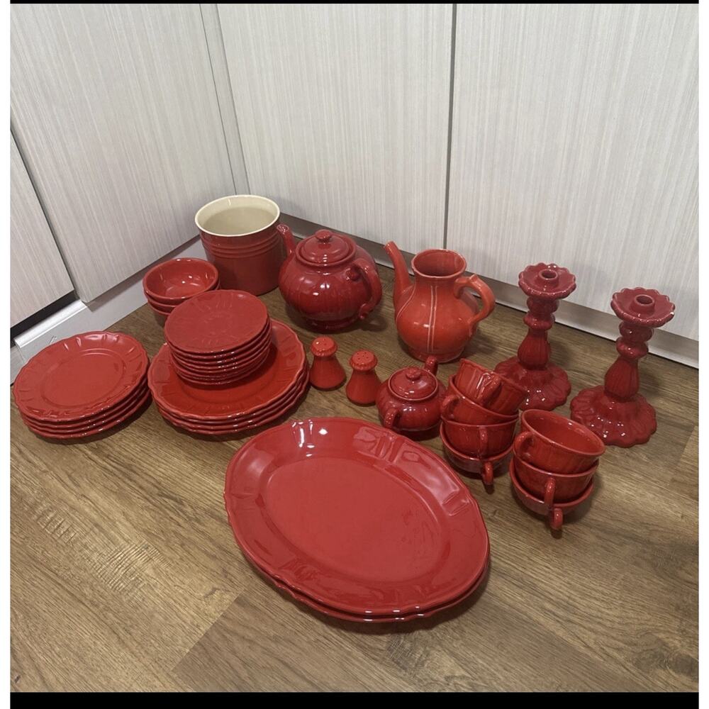 RARE Vintage PV Italy Peasant Village Red Ceramic 35pc Set Hand Painted Signed